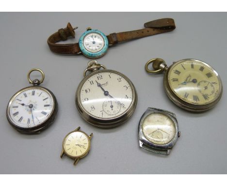 A silver fob watch, a silver and enamel wristwatch, an Ingersoll Yankee and Army pocket watches, a/f, a Rotary and an Omega w