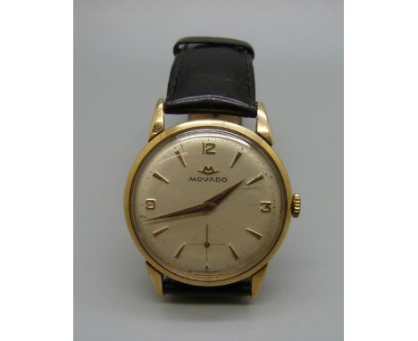 A 9ct gold Movado wristwatch on leather strap, 32mm case 