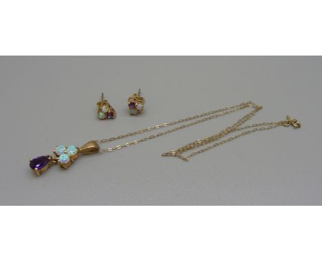 A 9ct gold, opal and amethyst pendant and matching earrings, 4g 