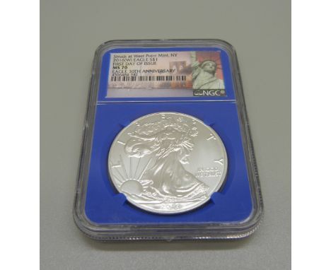 A 2016 1oz. fine silver American Eagle 2016 one dollar coin, First Day of Issue MS70, West Point Mint 