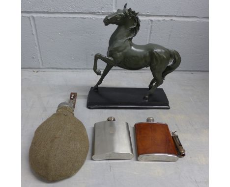 An Army water flask, a whistle, two hip flasks and a horse **PLEASE NOTE THIS LOT IS NOT ELIGIBLE FOR POSTING AND PACKING** 