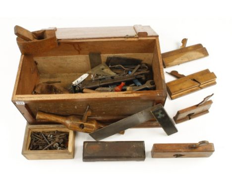 A small mahogany chest containing a pair of T&amp;G planes by MATHIESON and other coachbuilders tools etc G 