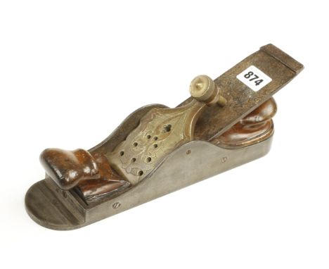 A most unusual low angle iron mitre plane 11" x 2 3/4" with shapely walnut "rolled over" front grip and stylish rear infill, 