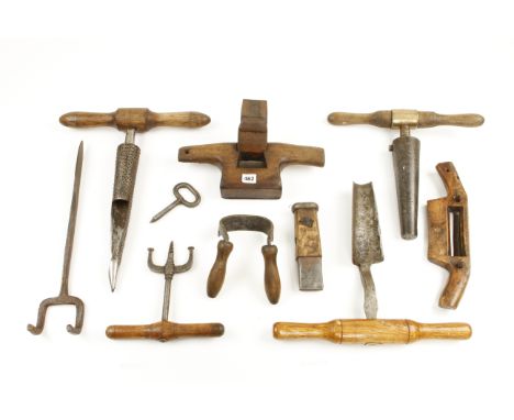 A kit of 19 coopers tools comprising sun plane, side axe (welded repair), croze, shaves, augers etc. G+