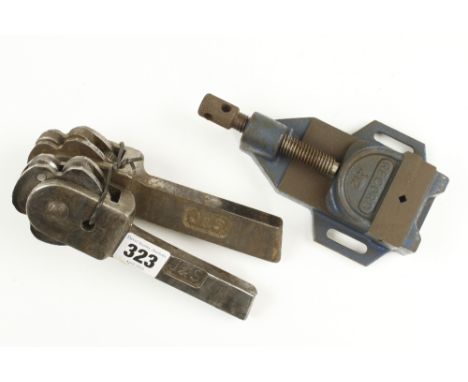 Two knurling tools with six different patterns of knurls and a RECORD No 412 machine vice G+