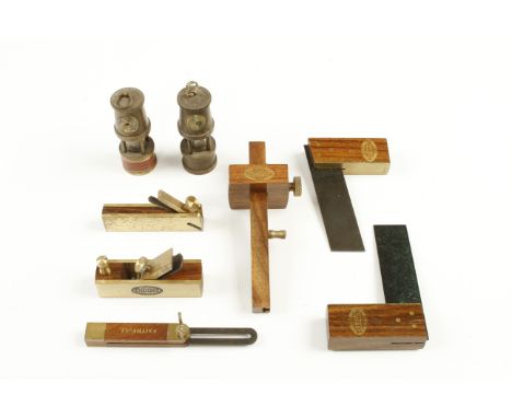 A set of six miniature rosewood and brass tools by FAITHFUL in orig box