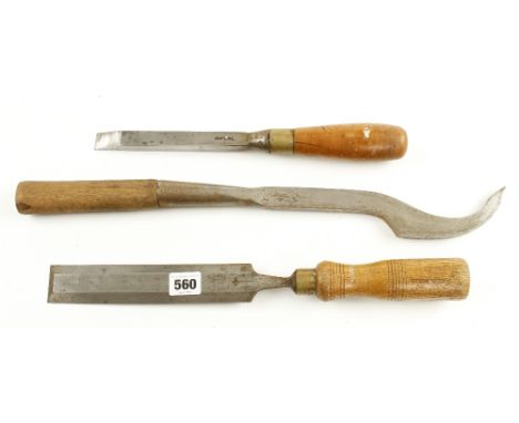 A 1 1/2" bevel edge chisel by HOWARTH, mortice lock chisel by MARPLES and a mortice chisel by SORBY G+ 