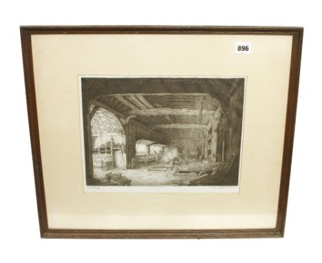 Morton Mathews; an early glazed print "The Wheelwright" of an 17/18c wheelwright's shop showing numerous tools, the frame 18"