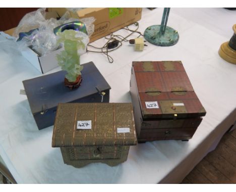 A Korean cosmetics and mirror box, with hinged mirror and single drawer beneath, 8in., together with an Indian embossed and e
