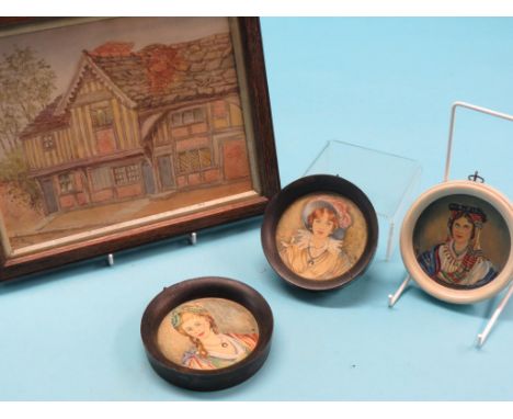 Three framed portrait miniatures, female sitters, together with a watercolour, West Tarring 