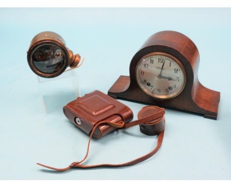 A Garrards oak mantel clock, in oak case, with original key and pendulum, 12in. wide, together with a Balda Baldix 120 roll f