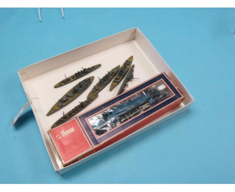 A group of six Tri-Ang Minic Waterline Destroyers, together with an assortment of post-war Meccano, catalogue dated '58, and 