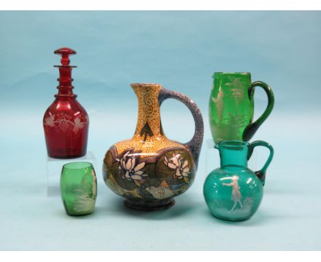 A Dutch earthenware ewer, bulbous body painted with fish and stylised plants, artist's initials J N, 9in., three Mary Gregory