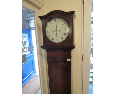 A George III 8-day longcase clock, circular enamelled dial, flame-veneered mahogany case, with pendulum and weights, 6ft. 4in