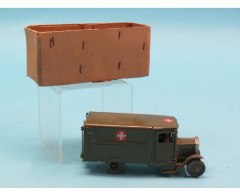 A Britains Army Ambulance, perhaps cat. ref. 1512, with opening doors, driver and wounded on stretcher, black rubber tyres, i