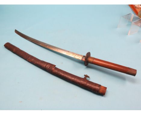 A Japanese Katana, 24in. curved single-edged blade, within leather scabbard