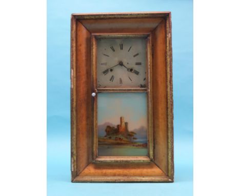 A 19th century Connecticut shelf clock, unusual in bird's-eye maple case with gilt mouldings, painted trunk door enclosing en