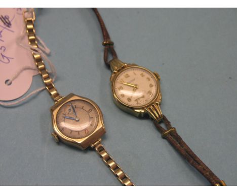 Two lady's 9ct. gold wristwatches, Longines on 9ct. gold strap, in original box, Rotary on leather strap