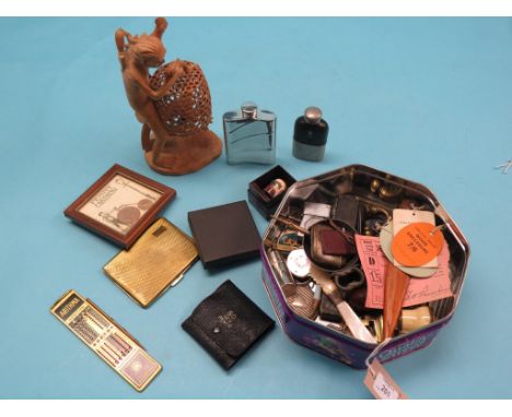 Small collectables, bone opera glasses, coins and entrance tickets, mother of pearl paperknife and two hip-flasks, also to in