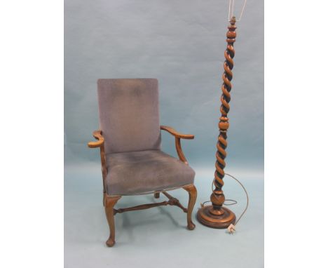 A Georgian-style beech open armchair, upholstered in a medium blue dralon, on front cabriole legs with turned stretchers, tog