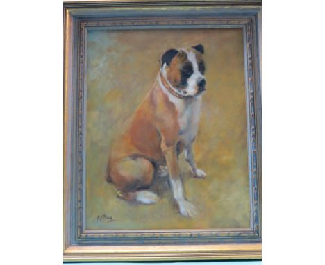 An oil on board dog portrait, recumbent bulldog, signed Matt Bruce, 20 x 16in., a crayon landscape, signed Rowena Bush, 1973 