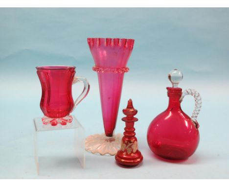 A 19th century ruby glass tankard, near-hexagonal bulbous form engraved with initials, 5in., similar decanter with stopper, s