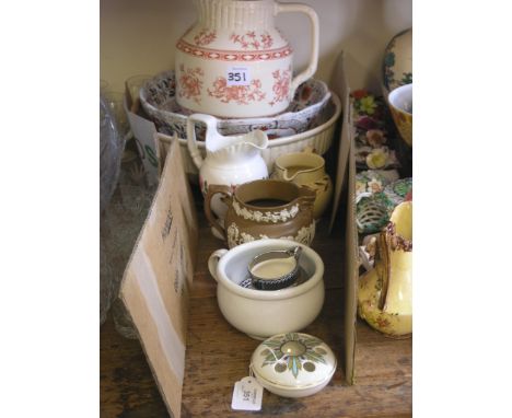 A Victorian earthenware toilet jug and basin, printed with foliage in red monochrome, early 19th century Derby jug, three oth