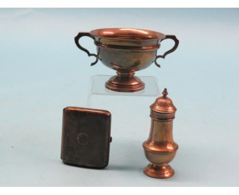 Small silverware, sugar caster, engine-turned cigarette case and a two-handled pedestal bowl, approx. 12oz. total 