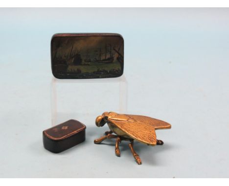 A Victorian papier mache snuff box, hinged cover painted with a Dutch battle scene, La Hogue, 1692, 3.75in., another, smaller