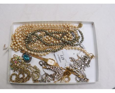 Six various pearl-type necklaces, paste-set gilt-metal brooch, other costume jewellery and a lady's Avia wristwatch 