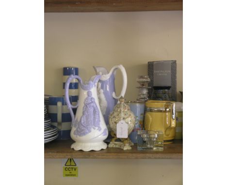 A pair of Victorian lilac relief-moulded jugs, unusual Grainger's Worcester 'solid agate' pot and cover, 6in., small Victoria