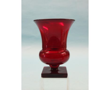 An unusual Victorian ruby glass vase, on square base, unsigned, 8in. 