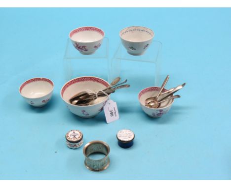 Two South Staffordshire enamel patch boxes, covers painted with legends, five various Newhall-type porcelain tea-bows, six va