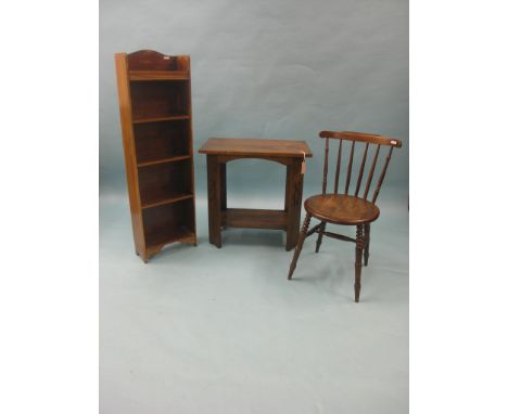 An Art Nouveau solid oak two-tiered occasional table, 2ft. 3in., walnut-veneered display cabinet, 2ft., two narrow open bookc