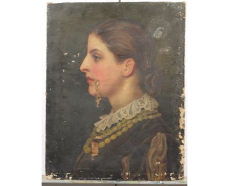 A 19th Century oil on canvas, portrait of an unknown girl with lace collar, unframed, a similar landscape and three other unf