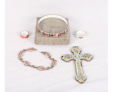 An Italian micro mosaic crucifix, a similar bracelet, a 1970s enamelled bangle and two similar rings in Liberty of London box
