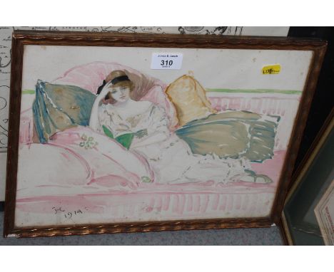 A watercolour sketch of a reclining female figure, monogrammed J C and dated 1914, 10" x 17", in gilt strip frame