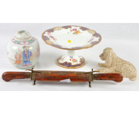 A Sylvac model of a seated spaniel, impressed 114, a pedestal cake stand (repaired), an oriental porcelain ginger jar and cov