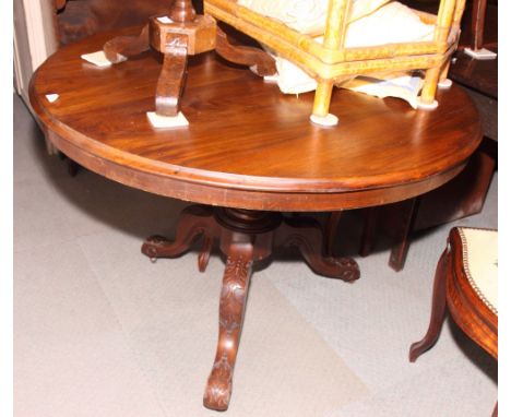 A Victorian mahogany circular tilt top dining table, on carved tripod base, 40" dia