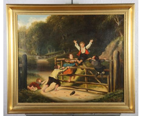 An oil on canvas, children playing on a gate, "Happy as a King", 19 1/2" x 23 1/2", in gilt frame