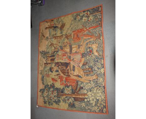 A medieval design tapestry wall hanging depicting a hawking party, 67" x 59" approx, a similar wall hanging depicting a lion 