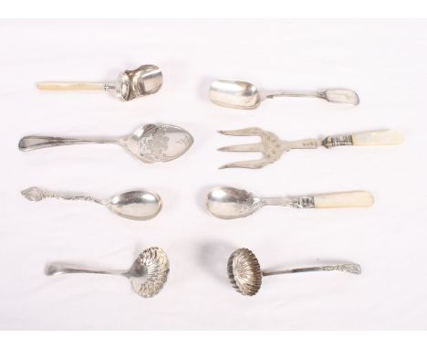 A silver and mother-of-pearl caddy spoon, two plated sifter spoons and other plated flatware