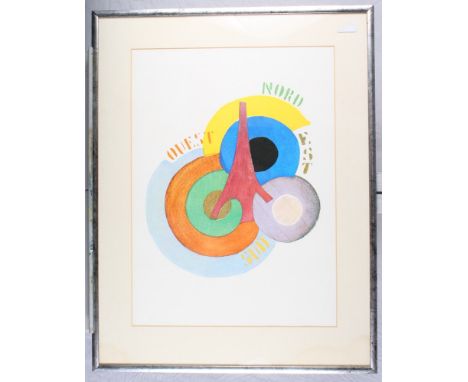 Sonia Delaunay: a coloured print, abstract composition with compass points, 21" x 15", in silvered frame