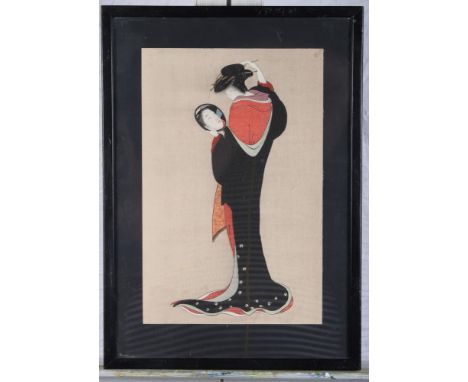 A Japanese watercolour, portrait of a lady looking in a mirror, 12" x 8", in black frame