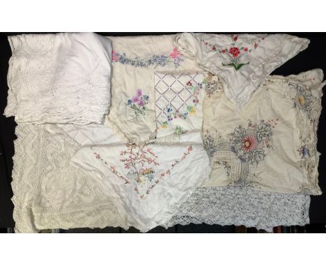 Textiles - hand embroidered and lace edged table cloths including Maltese, Madeira, English country flowers, qty 