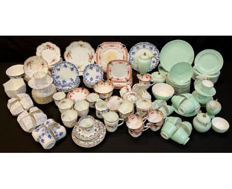 Ceramics - a Victorian Aesthetic Movement part tea service; an early 20th century tea service for six, blue and white flower 