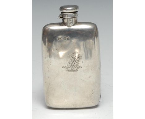 A Victorian silver rounded rectangular hip flask, hinged domed bayonet cap, crested, 13cm high, Hilliard &amp; Thomason, Birm