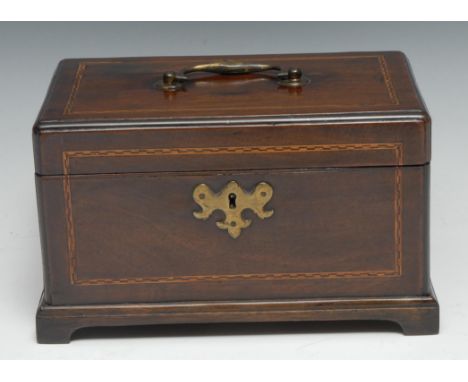 A George II mahogany rectangular tea caddy, hinged cover with brass swan neck handle, enclosing three compartments and a spoo