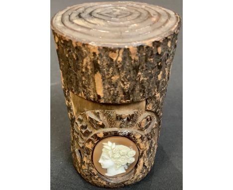 A 19th century French novelty inkwell, as a tree trunk, inscribed Menton and mounted with a cameo 