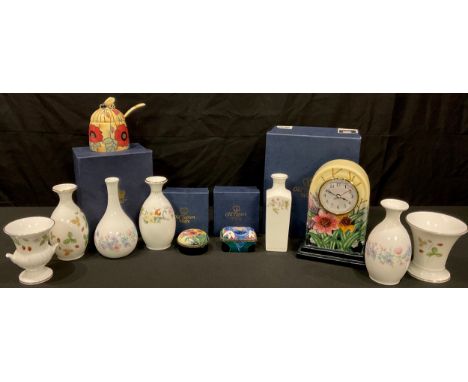 An Old Tupton Ware tube lined mantel clock, TW1144, 17cm, boxed; a similar honey pot and spoon, TW1361, boxed; a trinket dish